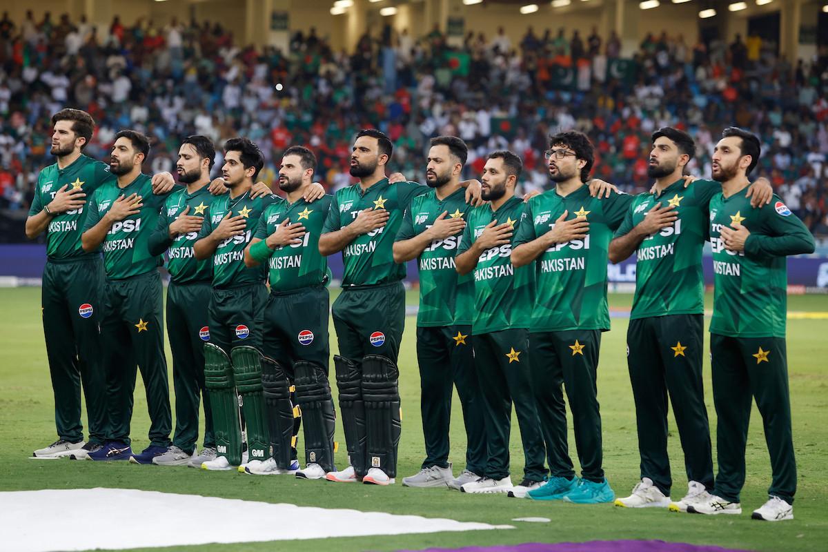 Pakistan's cricket team lined up on the field before a match